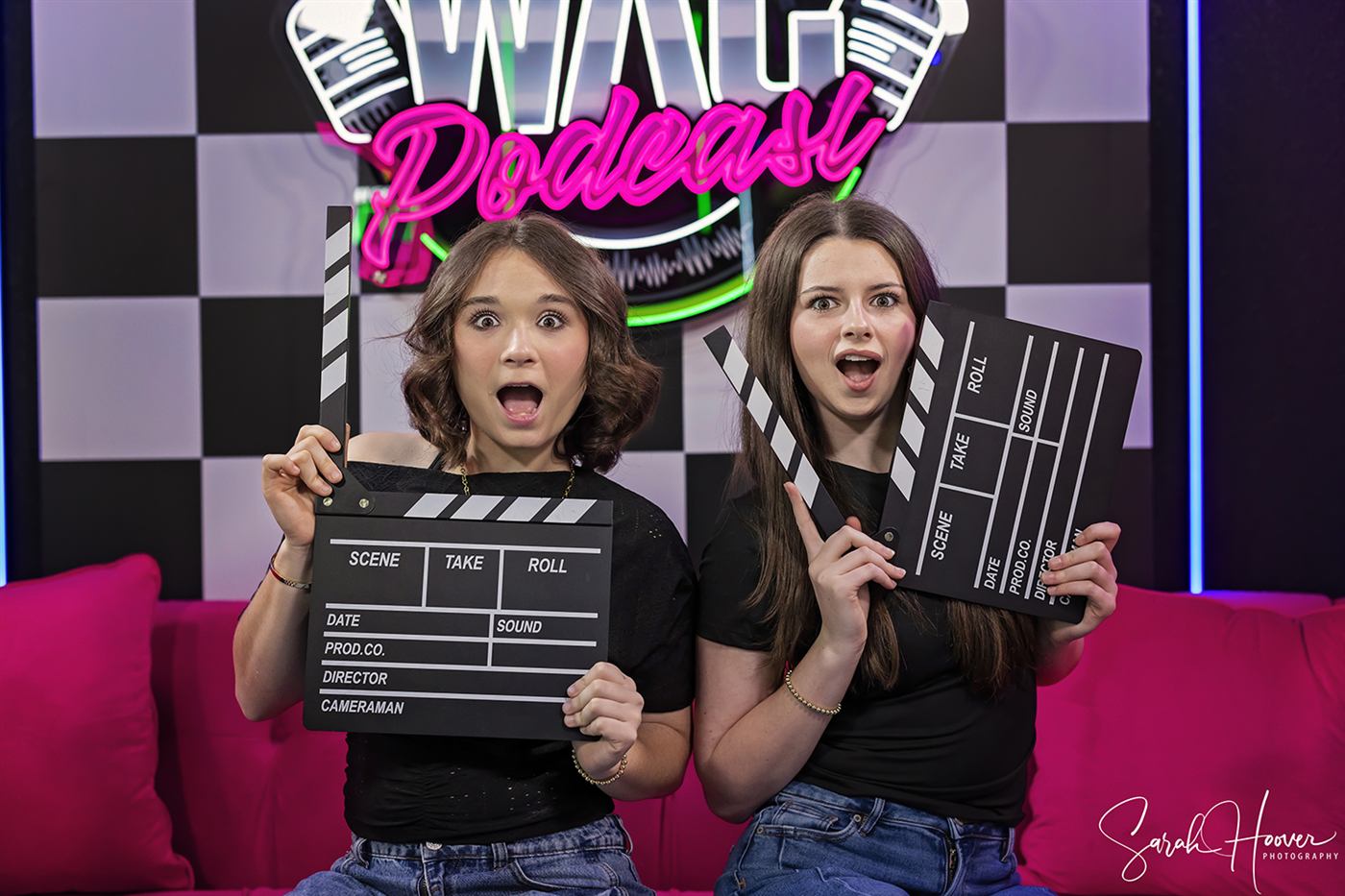 Annabella and Scarlett on the WAG Podcast set